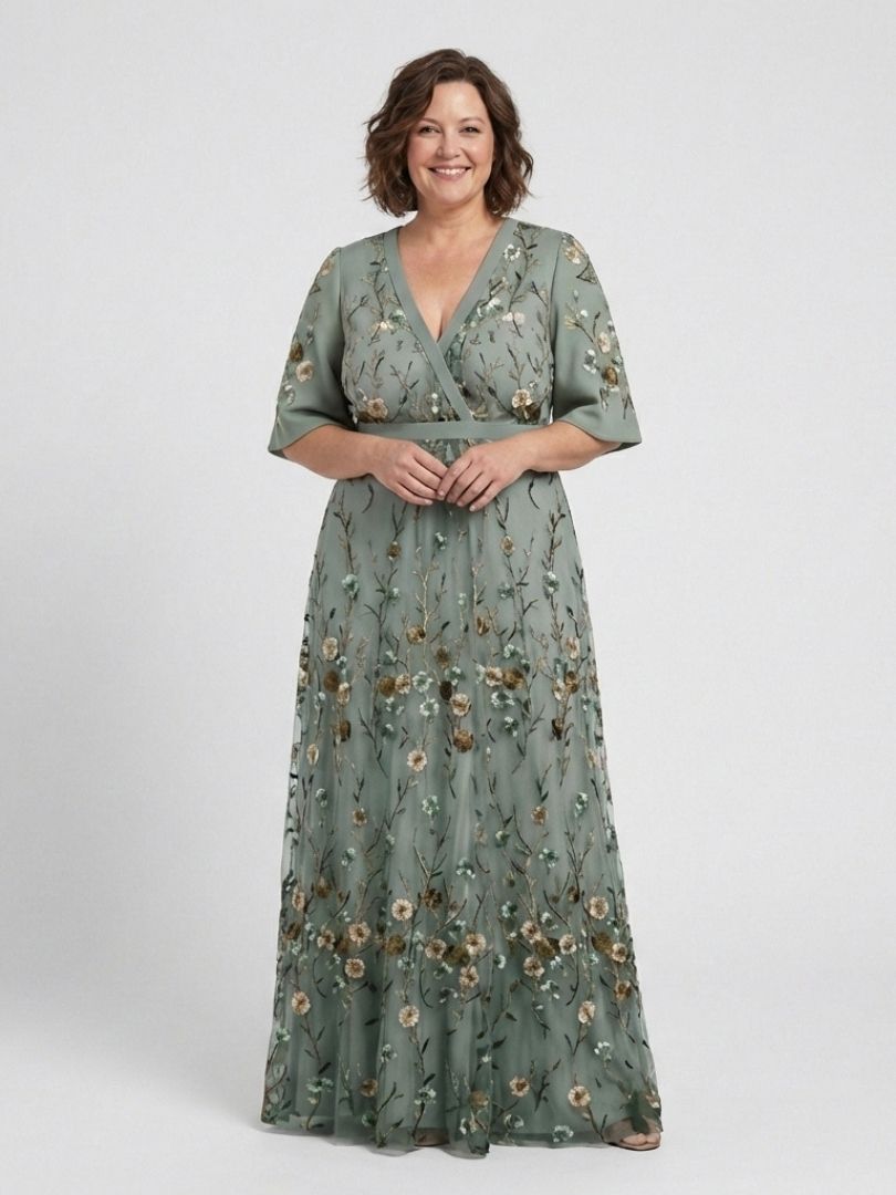 Flavia | Sage Floral Embroidered Maxi Dress with Flutter Sleeves
