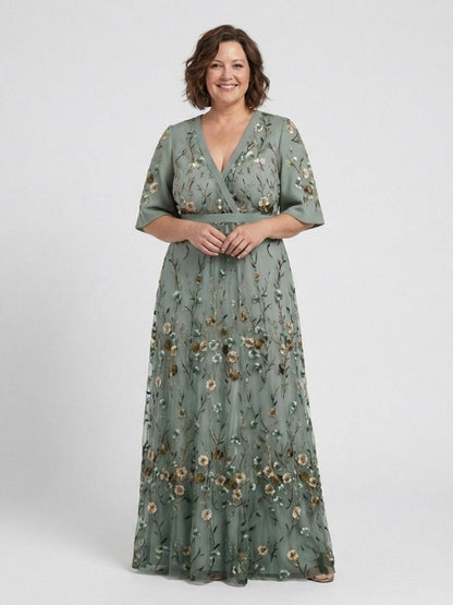Flavia | Sage Floral Embroidered Maxi Dress with Flutter Sleeves