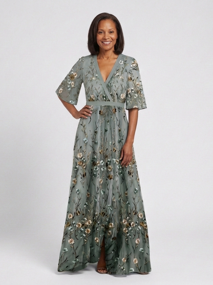 Flavia | Sage Floral Embroidered Maxi Dress with Flutter Sleeves