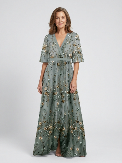 Flavia | Sage Floral Embroidered Maxi Dress with Flutter Sleeves