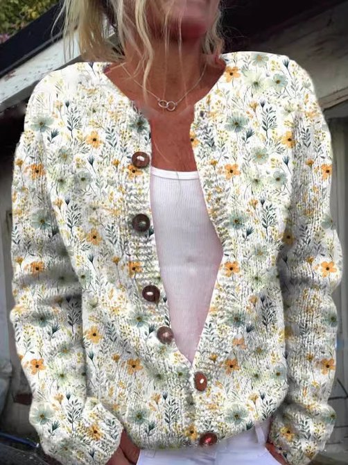 Fionnuala | Floral Print Knit Cardigan with Round Neck
