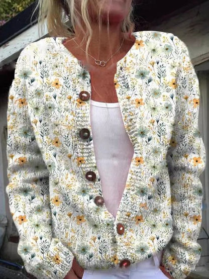 Fionnuala | Floral Print Knit Cardigan with Round Neck