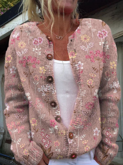 Fionnuala | Floral Print Knit Cardigan with Round Neck