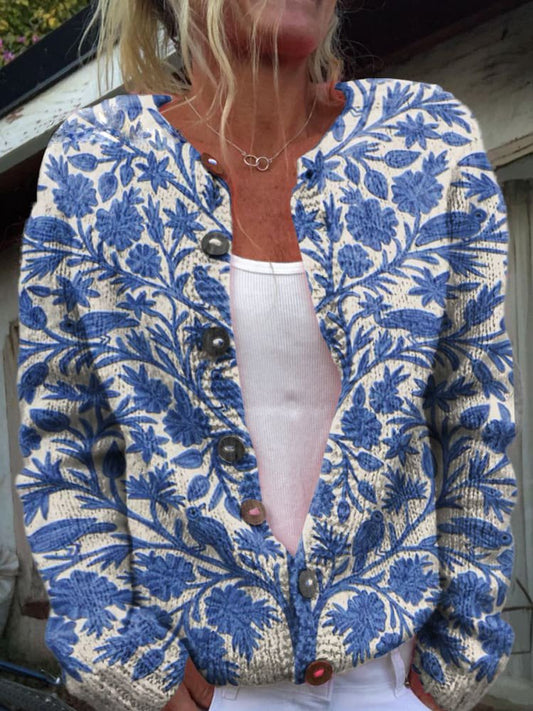 Fionnuala | Floral Print Knit Cardigan with Round Neck