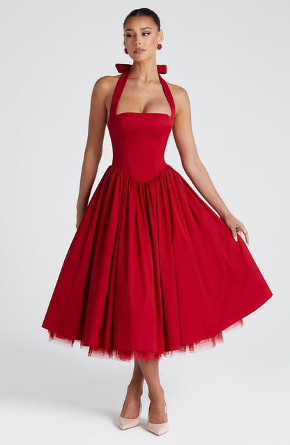 Yvette | Halter Neck Square Neck Midi Dress with Tulle Skirt
