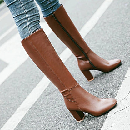 Charlotte | Heeled Knee High Leather Boots with Side Zip