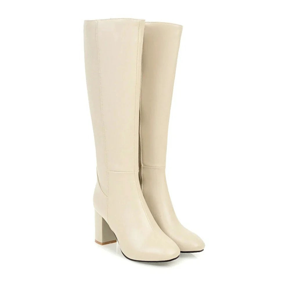 Charlotte | Heeled Knee High Leather Boots with Side Zip