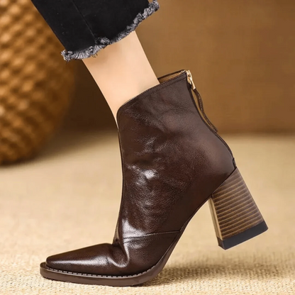 Martha | Heeled Leather Ankle Boots with Block Heel and V-Cut Front
