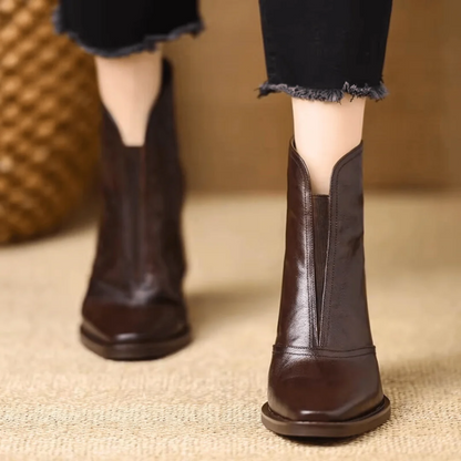 Martha | Heeled Leather Ankle Boots with Block Heel and V-Cut Front
