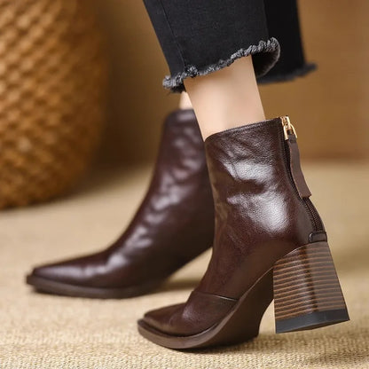 Martha | Heeled Leather Ankle Boots with Block Heel and V-Cut Front