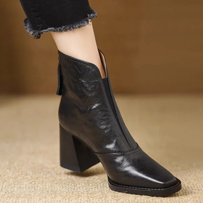 Martha | Heeled Leather Ankle Boots with Block Heel and V-Cut Front