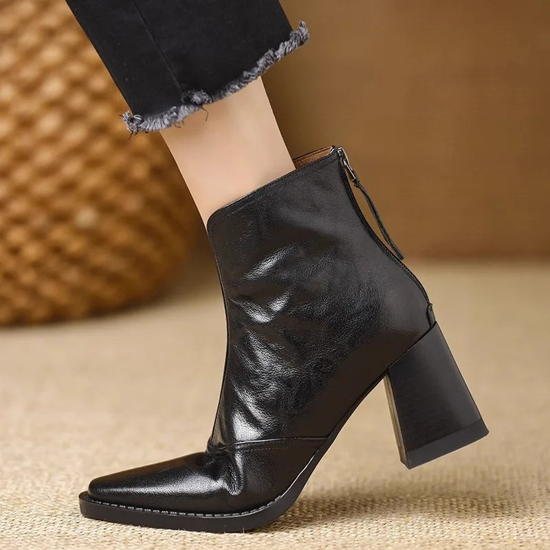 Martha | Heeled Leather Ankle Boots with Block Heel and V-Cut Front