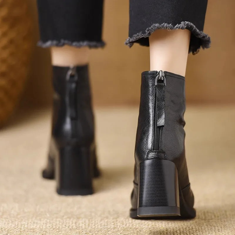 Martha | Heeled Leather Ankle Boots with Block Heel and V-Cut Front