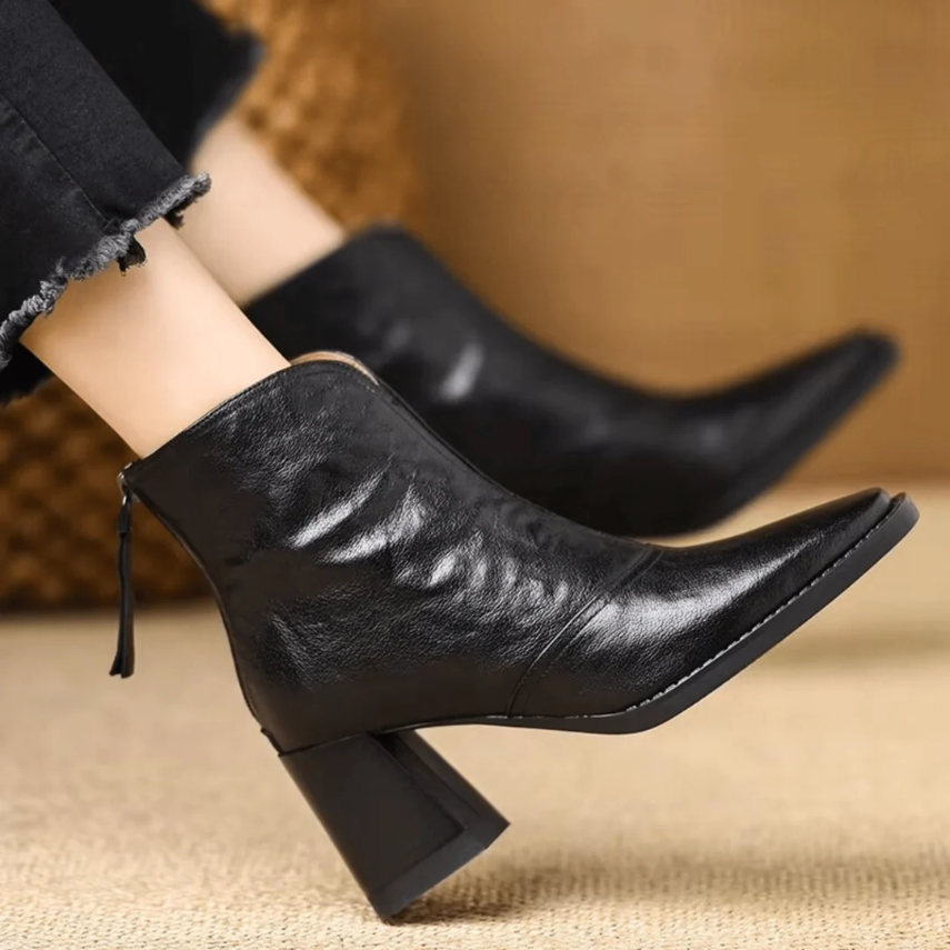 Martha | Heeled Leather Ankle Boots with Block Heel and V-Cut Front