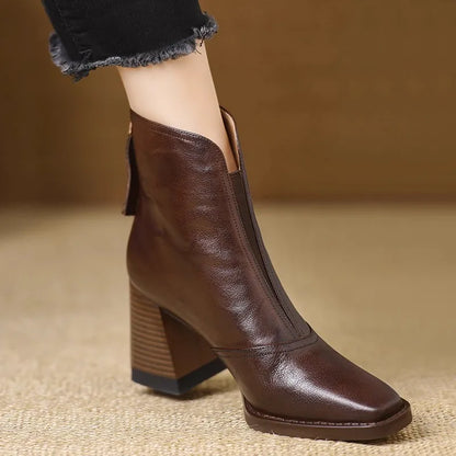 Martha | Heeled Leather Ankle Boots with Block Heel and V-Cut Front