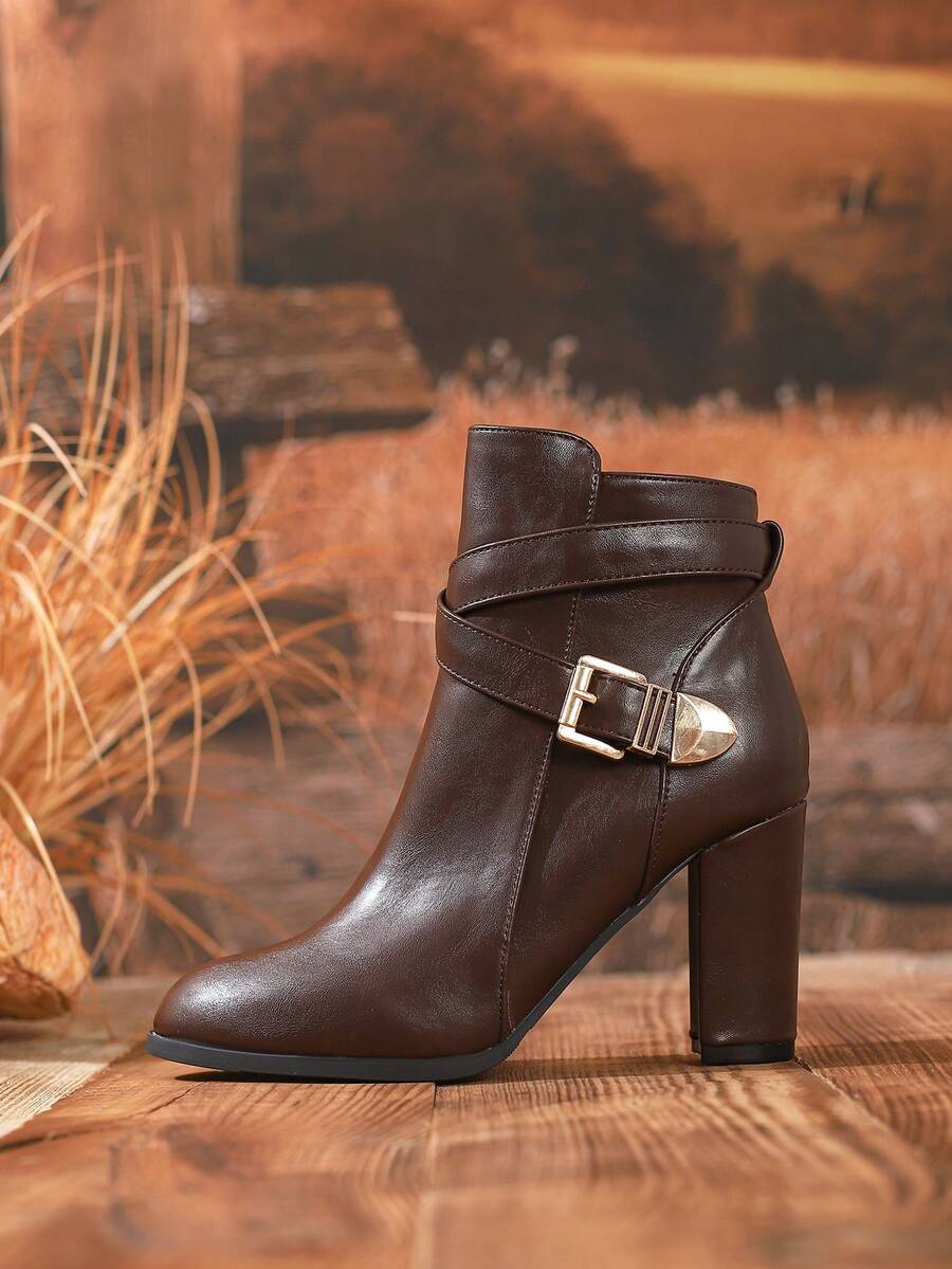 Elsie | Heeled Leather Ankle Boots with Crossover Buckle Strap