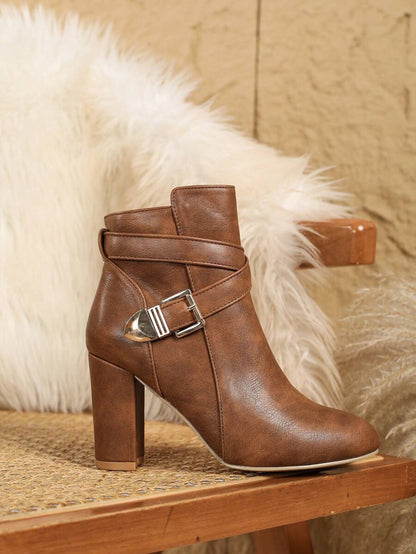 Elsie | Heeled Leather Ankle Boots with Crossover Buckle Strap