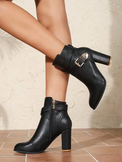 Elsie | Heeled Leather Ankle Boots with Crossover Buckle Strap