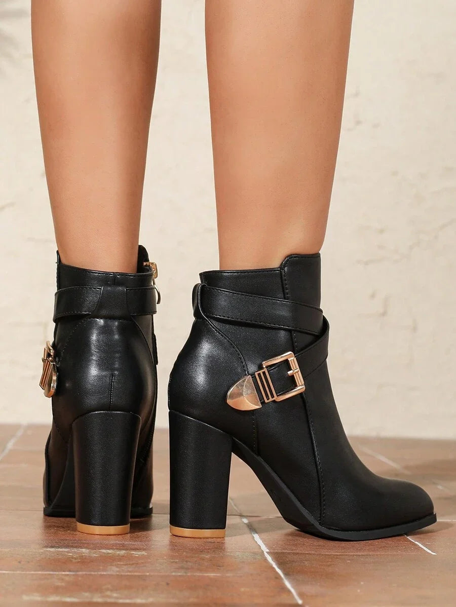 Elsie | Heeled Leather Ankle Boots with Crossover Buckle Strap