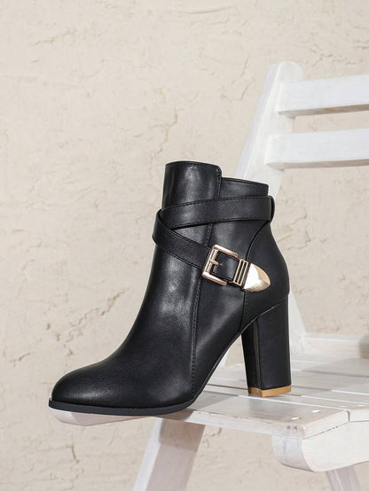 Elsie | Heeled Leather Ankle Boots with Crossover Buckle Strap