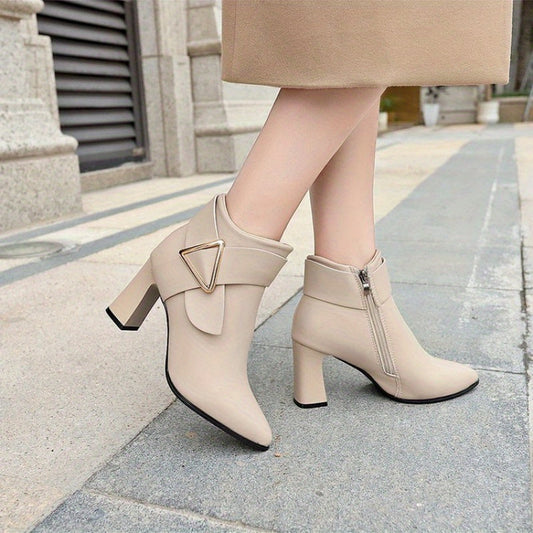 Inka | Pointed Toe Faux Leather Ankle Boots with Gold Triangle Buckle