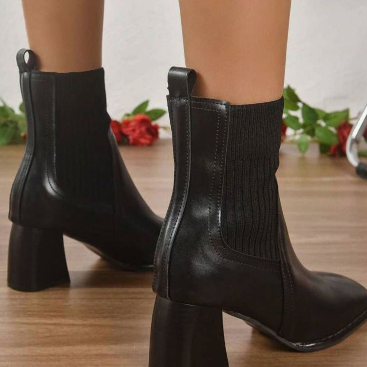 Nadia | Heeled Leather Ankle Boots with Knit Panel and Block Heel