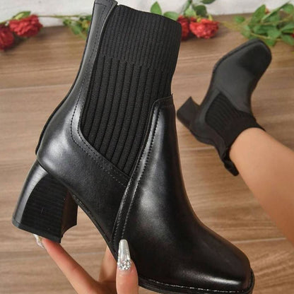 Nadia | Heeled Leather Ankle Boots with Knit Panel and Block Heel
