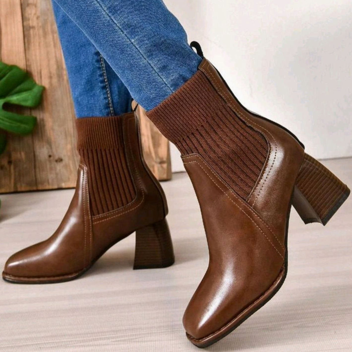 Nadia | Heeled Leather Ankle Boots with Knit Panel and Block Heel