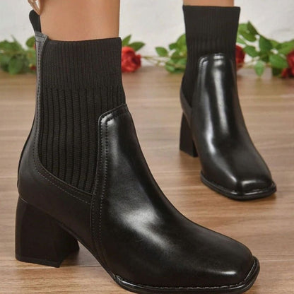 Nadia | Heeled Leather Ankle Boots with Knit Panel and Block Heel