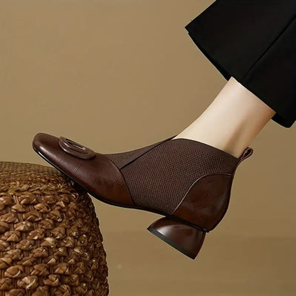 Jessica | Heeled Leather Ankle Boots with Knit Panel and Square Toe