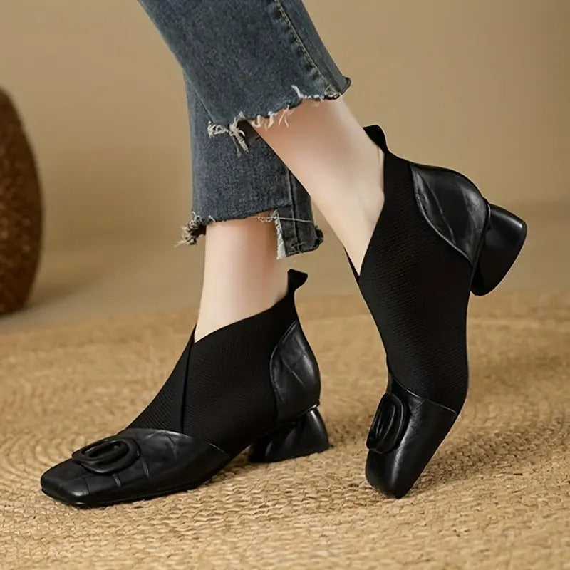Jessica | Heeled Leather Ankle Boots with Knit Panel and Square Toe