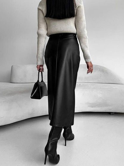 Phoebe | Sleek Faux Leather Midi Skirt