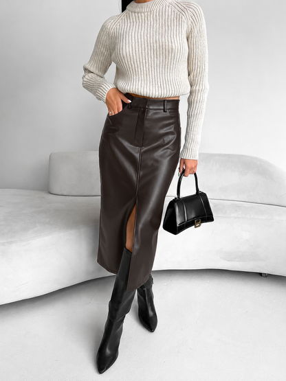 Phoebe | Sleek Faux Leather Midi Skirt