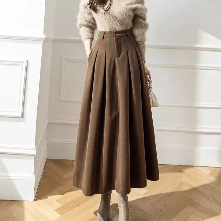 Bea | High Waist Pleated A-Line Midi Skirt