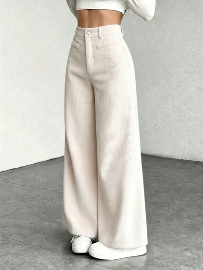 Emer | High Waist Wide Leg Corduroy Trousers with Flap Pockets