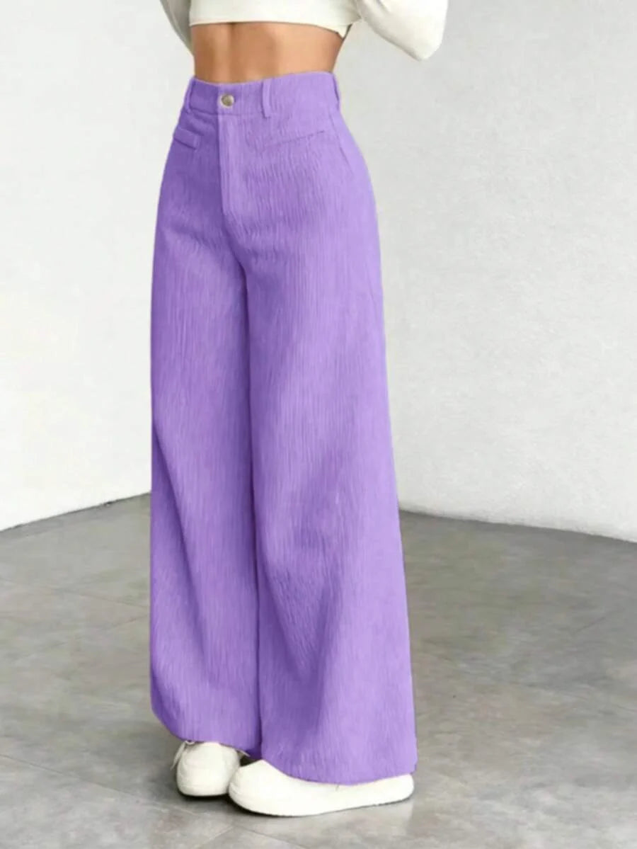 Emer | High Waist Wide Leg Corduroy Trousers with Flap Pockets