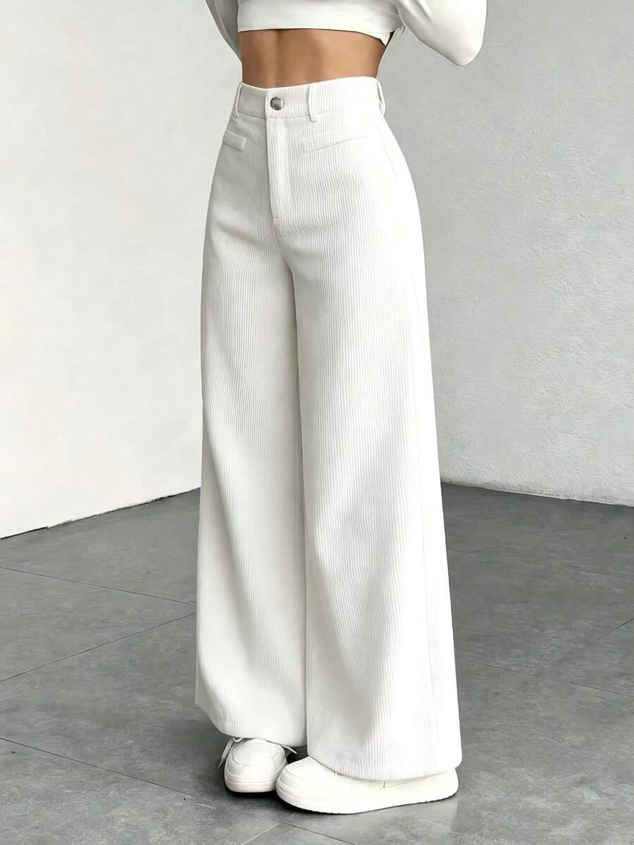 Emer | High Waist Wide Leg Corduroy Trousers with Flap Pockets