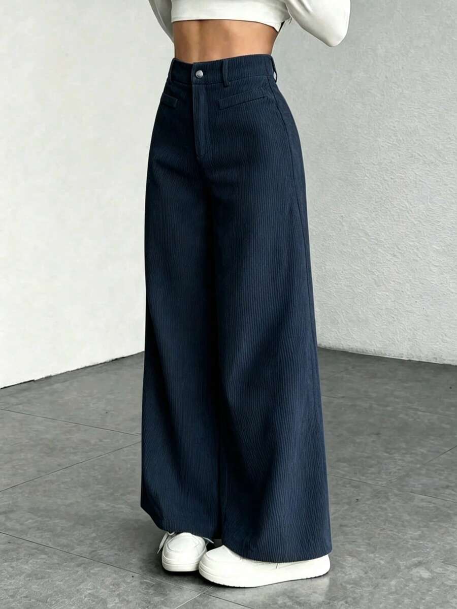 Emer | High Waist Wide Leg Corduroy Trousers with Flap Pockets