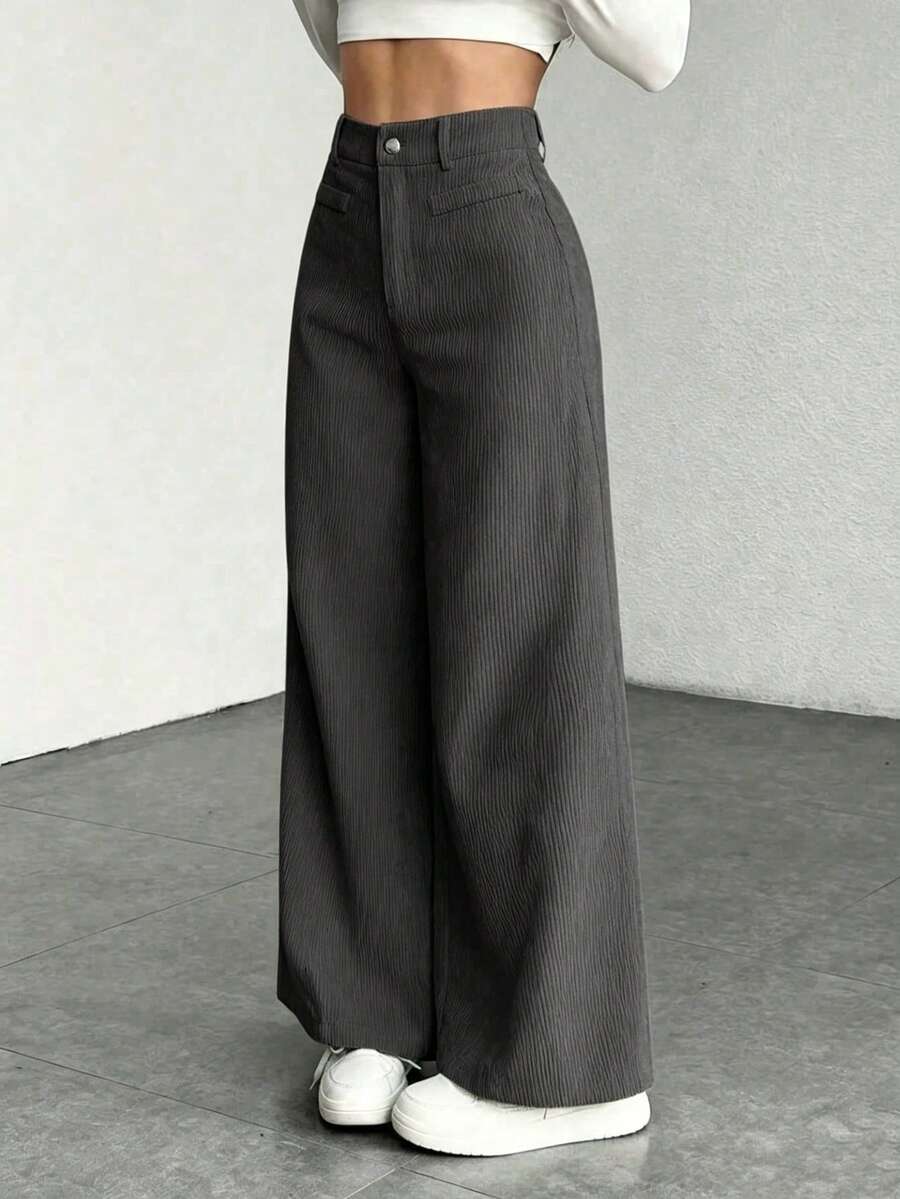 Emer | High Waist Wide Leg Corduroy Trousers with Flap Pockets