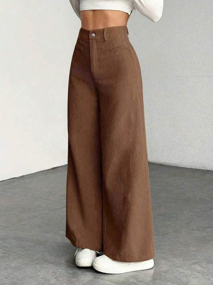Emer | High Waist Wide Leg Corduroy Trousers with Flap Pockets