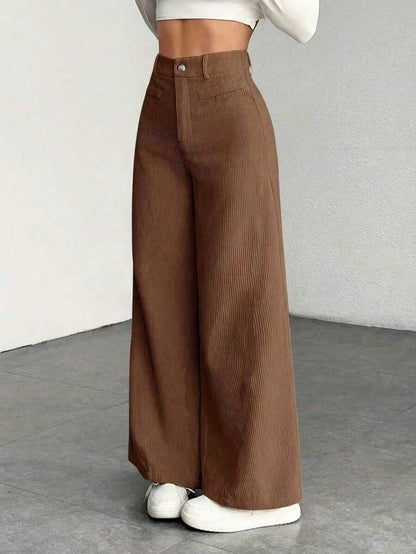 Emer | High Waist Wide Leg Corduroy Trousers with Flap Pockets