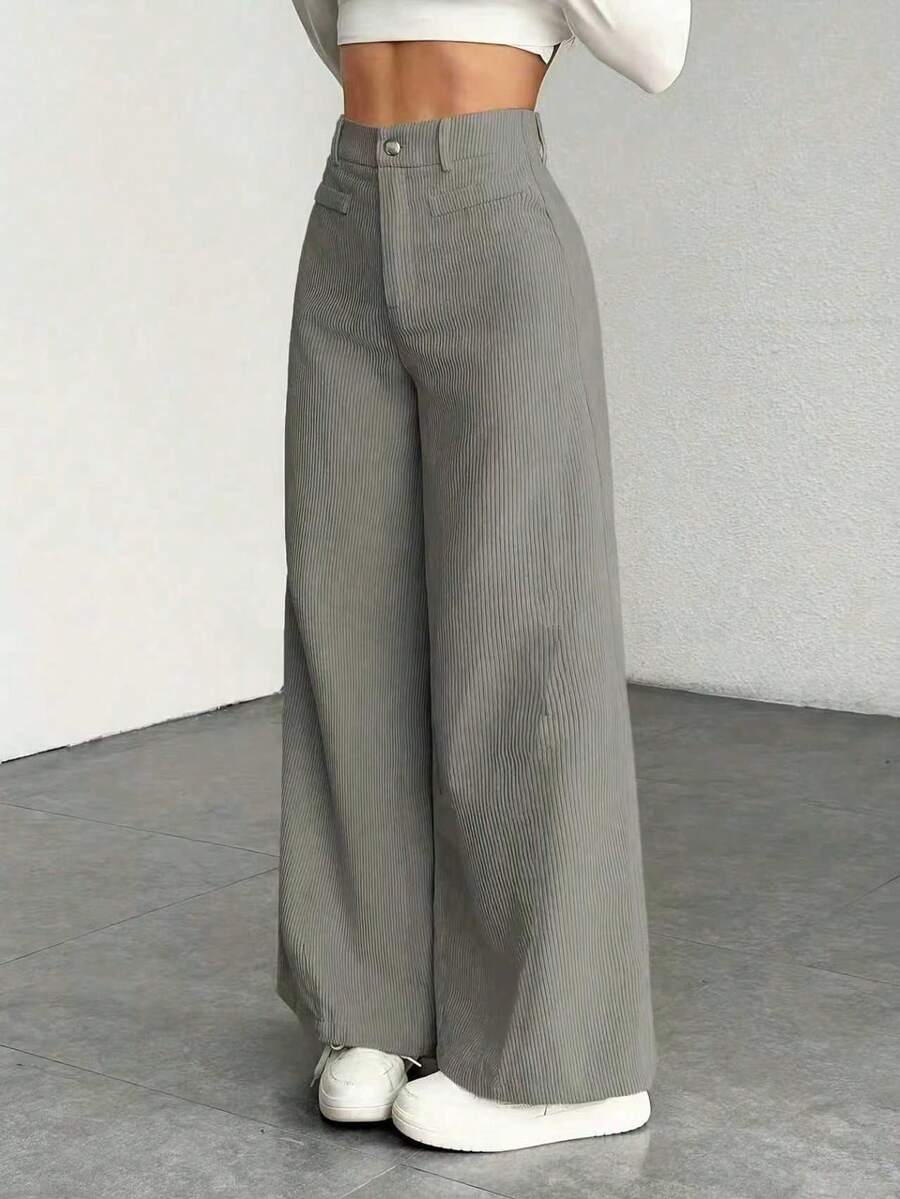 Emer | High Waist Wide Leg Corduroy Trousers with Flap Pockets