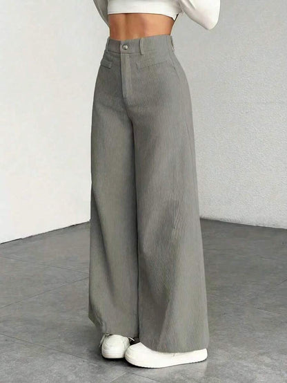 Emer | High Waist Wide Leg Corduroy Trousers with Flap Pockets