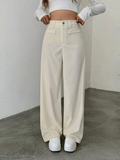 Emer | High Waist Wide Leg Corduroy Trousers with Flap Pockets