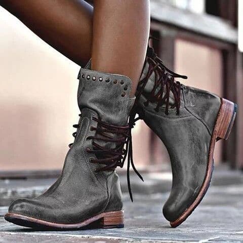 Sarah | Leather Studded Lace Up Block Heel Mid Calf Boots