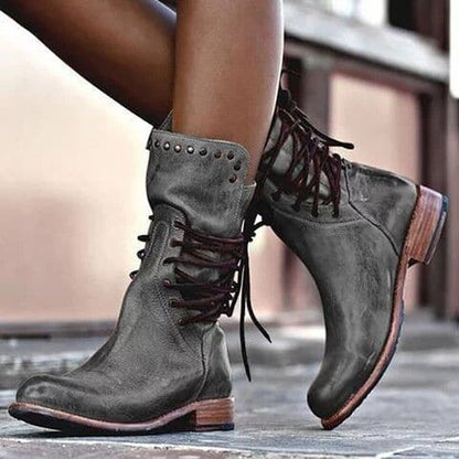 Sarah | Leather Studded Lace Up Block Heel Mid Calf Boots
