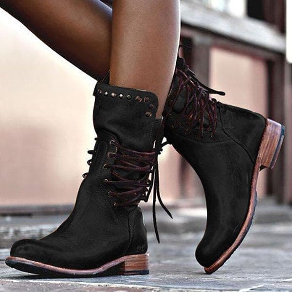 Sarah | Leather Studded Lace Up Block Heel Mid Calf Boots