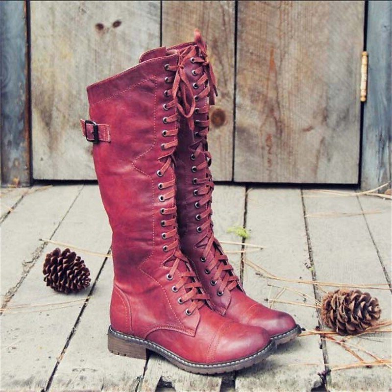 Olivia | Knee High Lace-Up Leather Boots with Side Buckle
