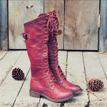 Olivia | Knee High Lace-Up Leather Boots with Side Buckle
