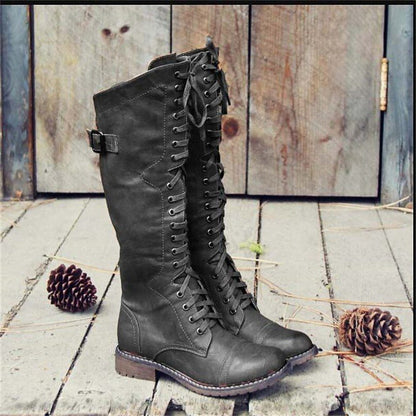 Olivia | Knee High Lace-Up Leather Boots with Side Buckle